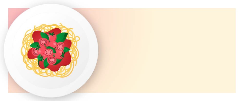 Plate of spaghetti with tomato slices and basil leaves on a white plate, placed on a beige gradient background.