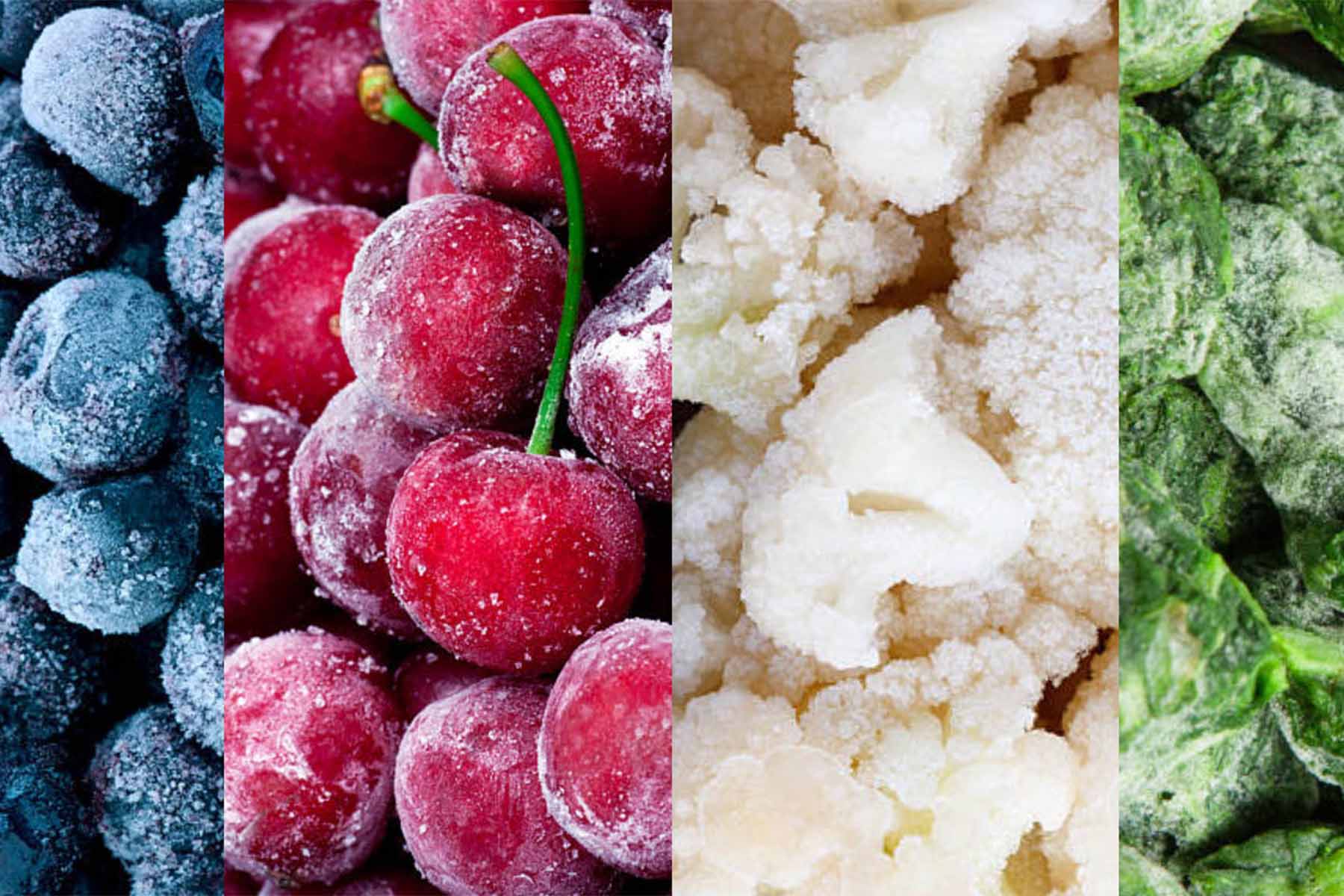 Close-up collage of frozen fruits and vegetables, including blueberries, cherries, cauliflower, and spinach, covered in frost.