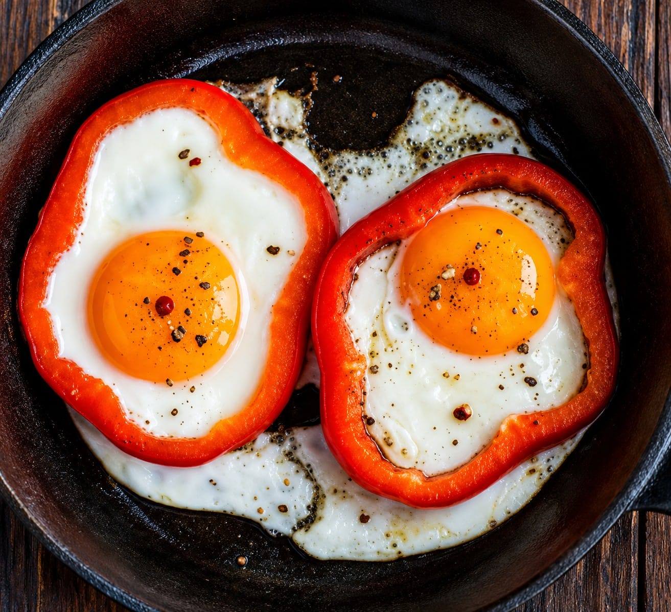 Two red bell pepper rings with an egg in each in a castiron pan 