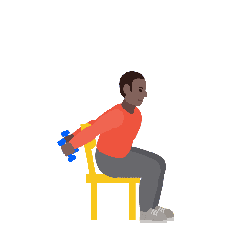  Ilustración de un hombre sentado en una silla inclinado hacia adelante extendiendo los brazos hacia atrás con pesas en las manos como parte de un ejercicio.