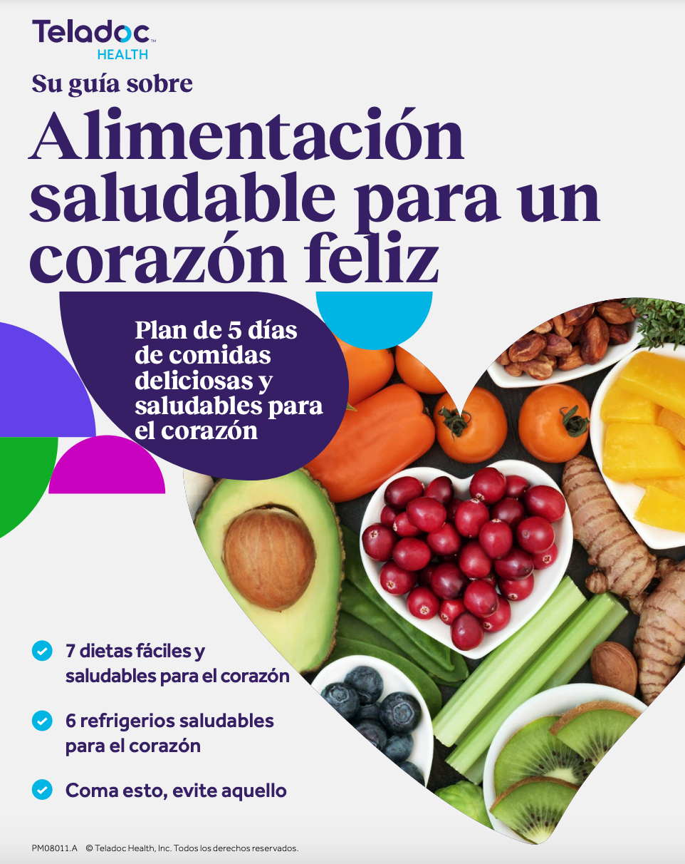 Portada de una guía de Teladoc titulada “Alimentación saludable para un corazón feliz” con una imagen de frutas y verduras frescas en forma de corazón y un plan de 5 días de comidas saludables