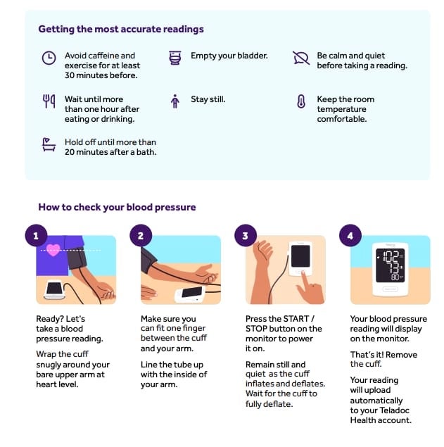 Graphic step-by-step instructions for how to take a blood pressure reading with HT2000 blood pressure monitor