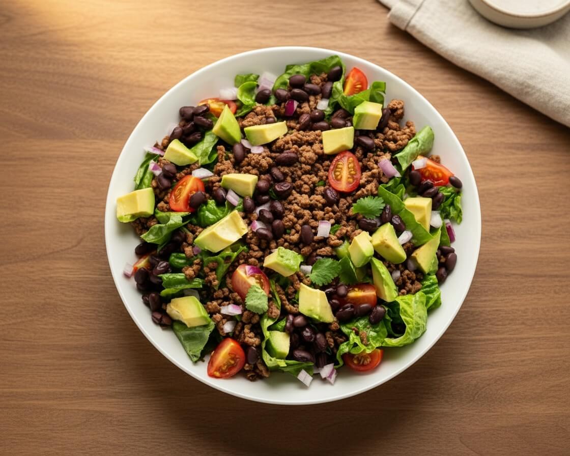 Bowl of taco salad with tomatoes, avocado, ground beef, black beans and cilantro.