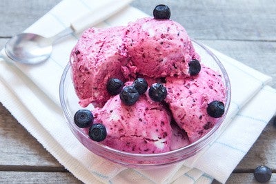 Healthy homemade raw vegan banana and berry ice cream (icecream, nicecream) topped with organic blueberries - healthy vegetarian diet vegan raw fruit organic delicious dessert, dairy free, gluten free