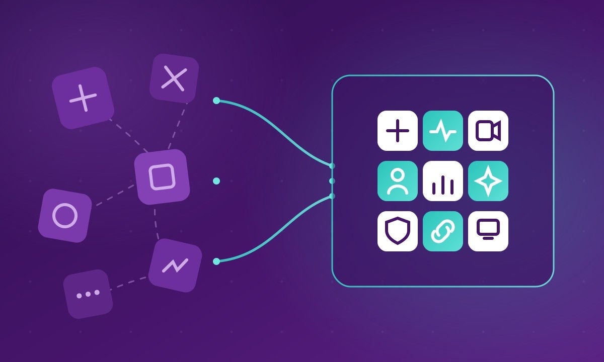 Illustration of fragmented, disconnected app tiles merging into one unified virtual care platform.