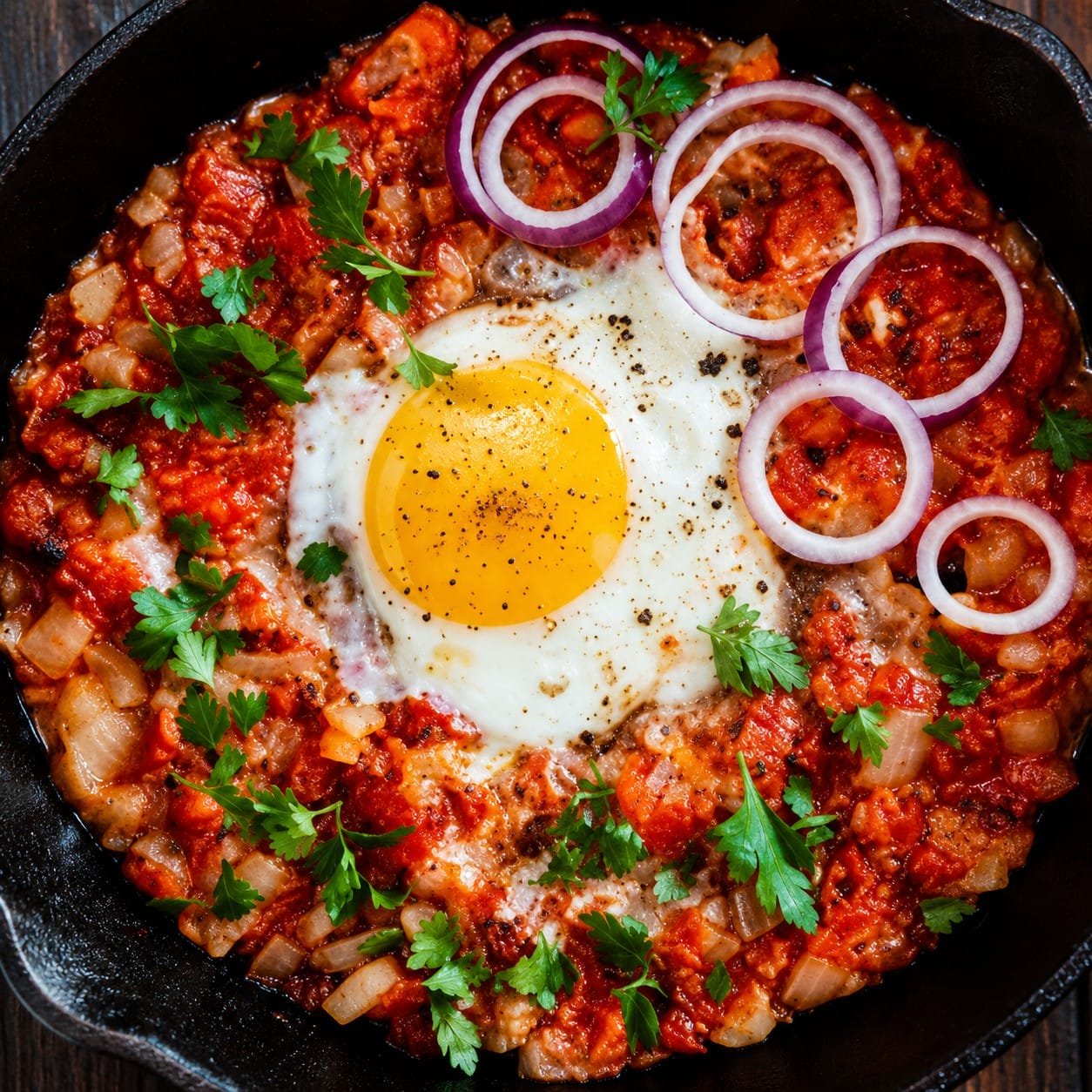 Shakshuka in an iron skillet