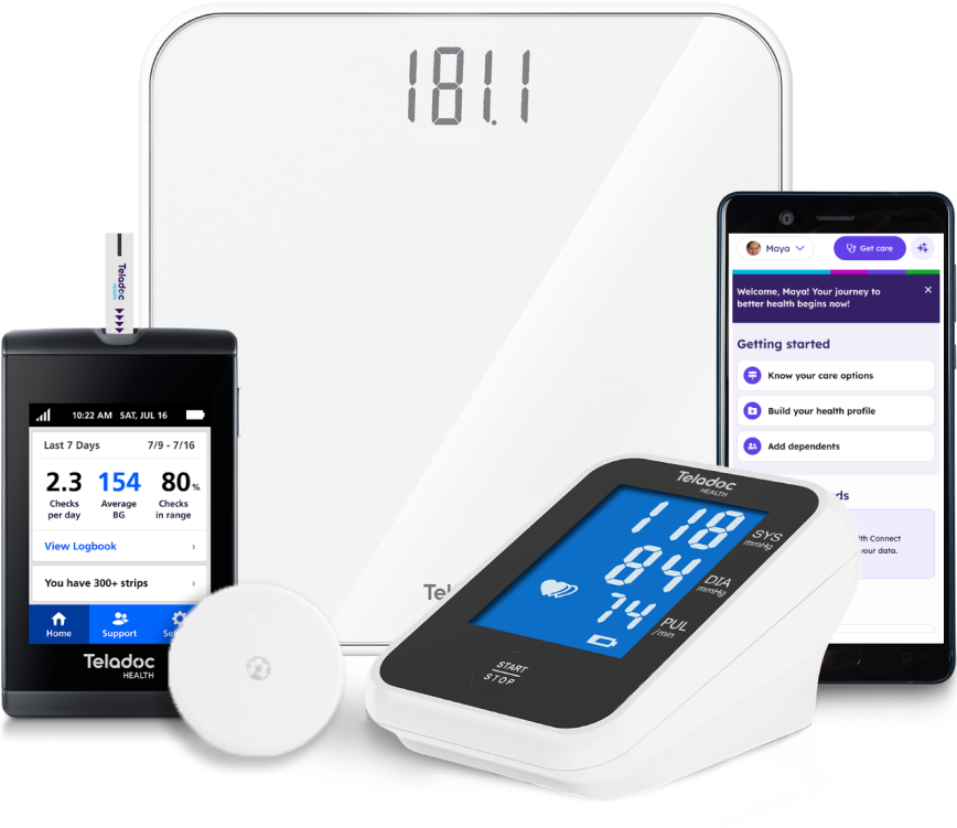 Lockup of Teladoc Health devices, the scale, blood pressure cuff, and blood glucose meter. There is also a continuous glucose monitor and a phone with the Teladoc Health app screen on it