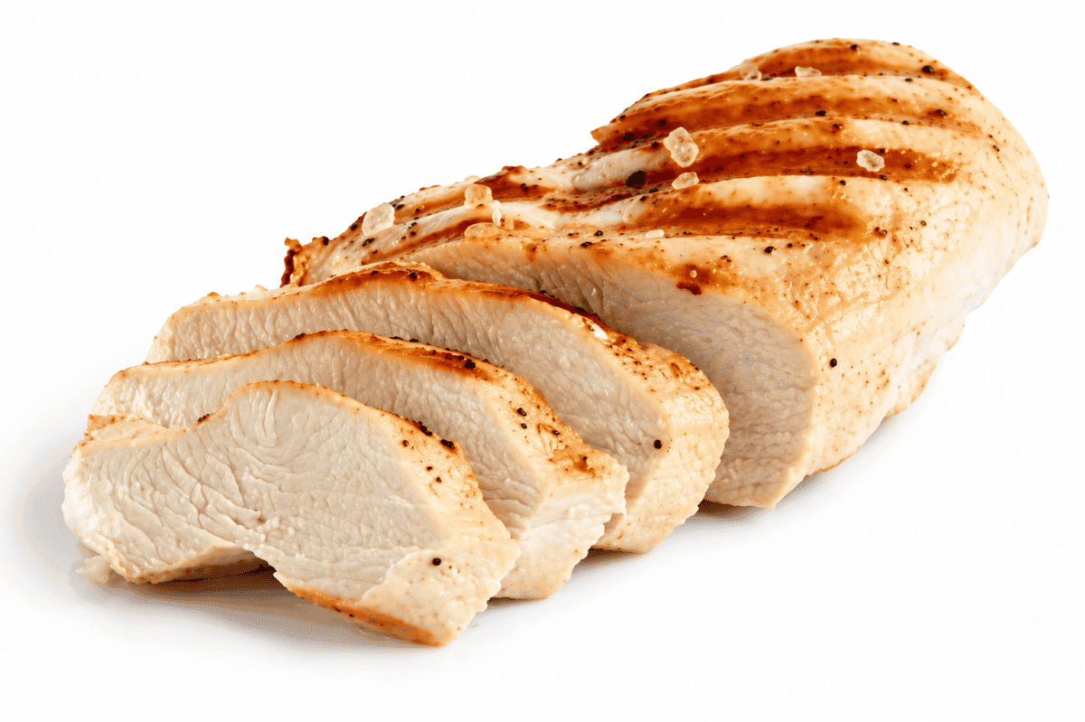 Grilled chicken close-up on a white background.