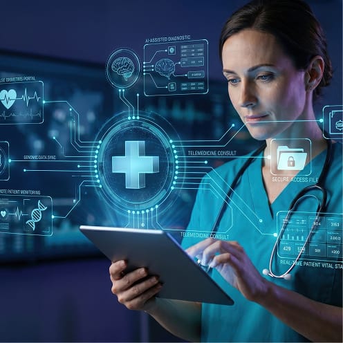 Healthcare professional in teal scrubs using a tablet, surrounded by glowing blue holographic medical data interfaces.