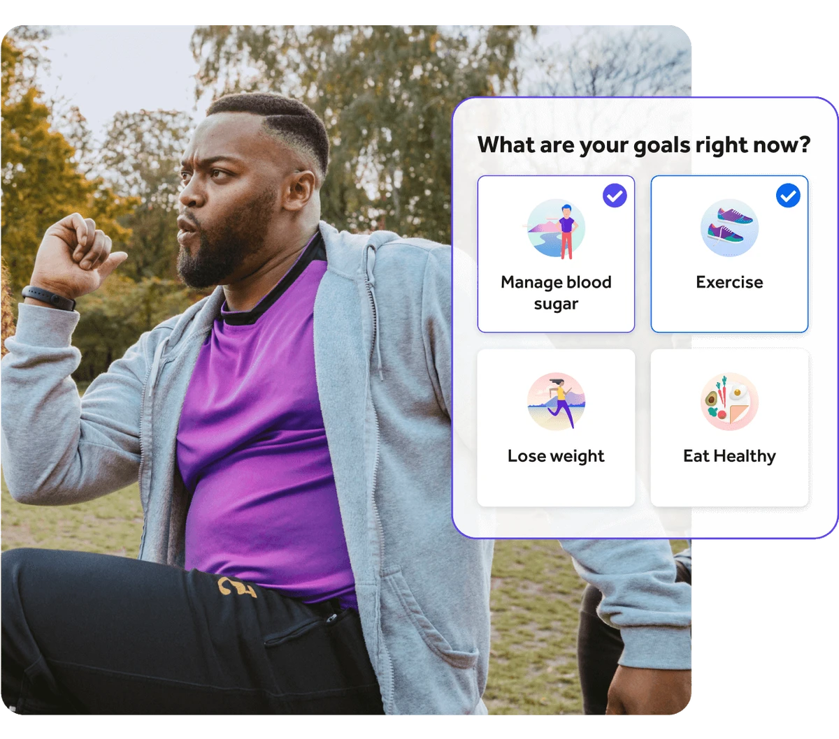 Image of man working out with app UI selecting goals. The options are Manage blood sugar, exercise, lose weight and eat healthy.
