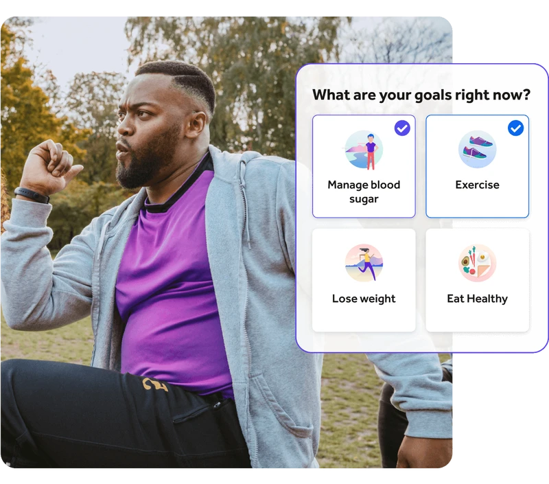  Image of man working out with app UI selecting goals. The options are Manage blood sugar, exercise, lose weight and eat healthy.