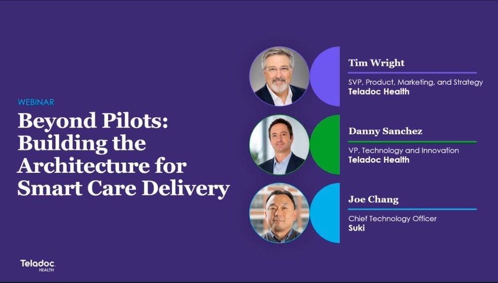 Welcome page introducing the speakers, companies and that this is presented by Teladoc Health with their partner Suki