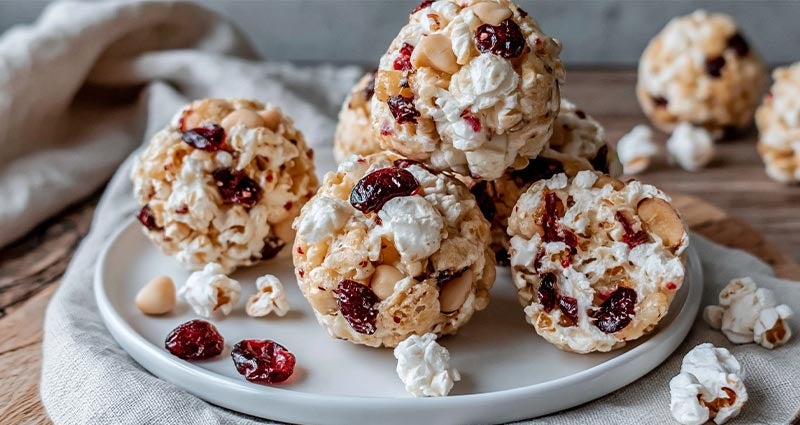 Popcorn balls with cranberry and nut butter. 