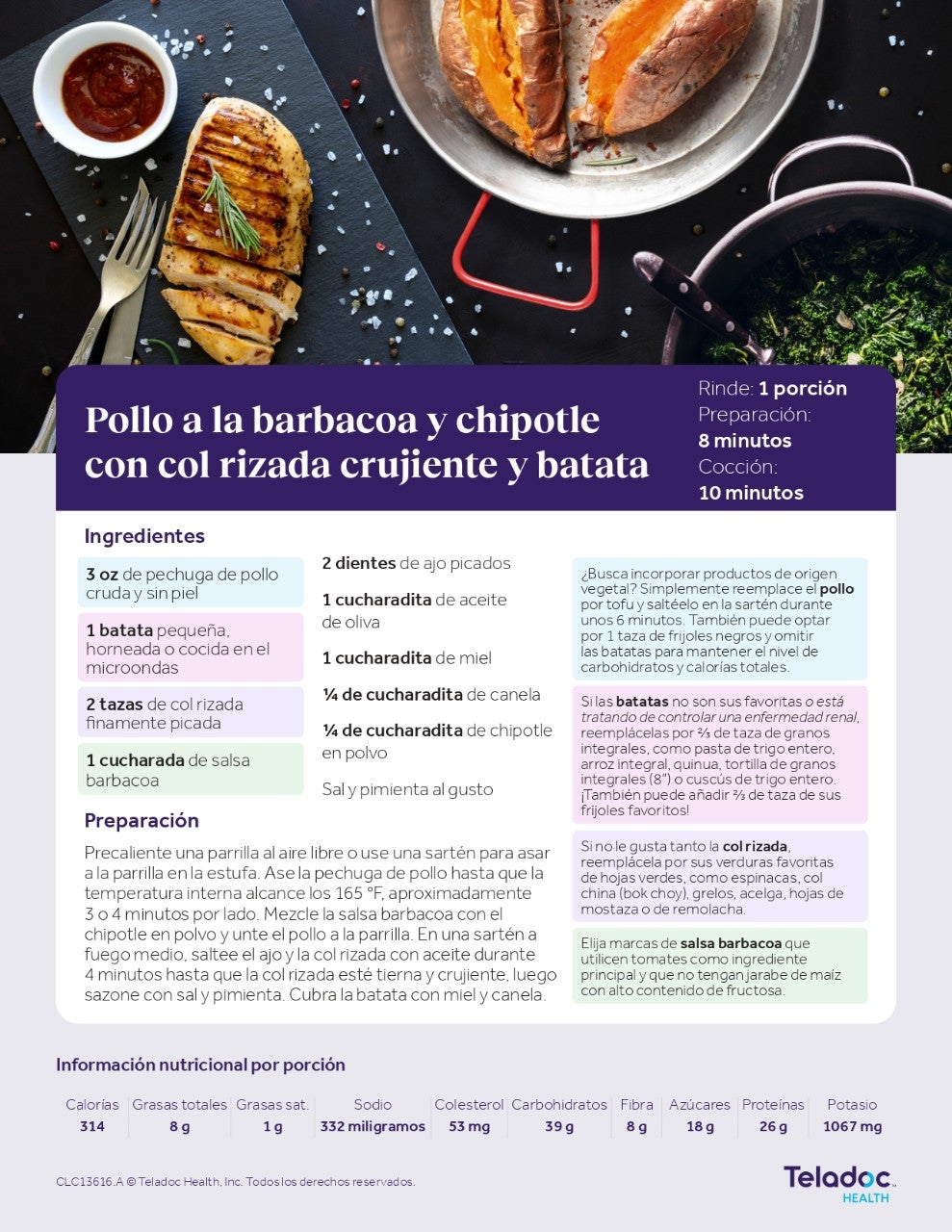 Pollo a la barbacoa al chipotle, con batata y col rizada crujiente