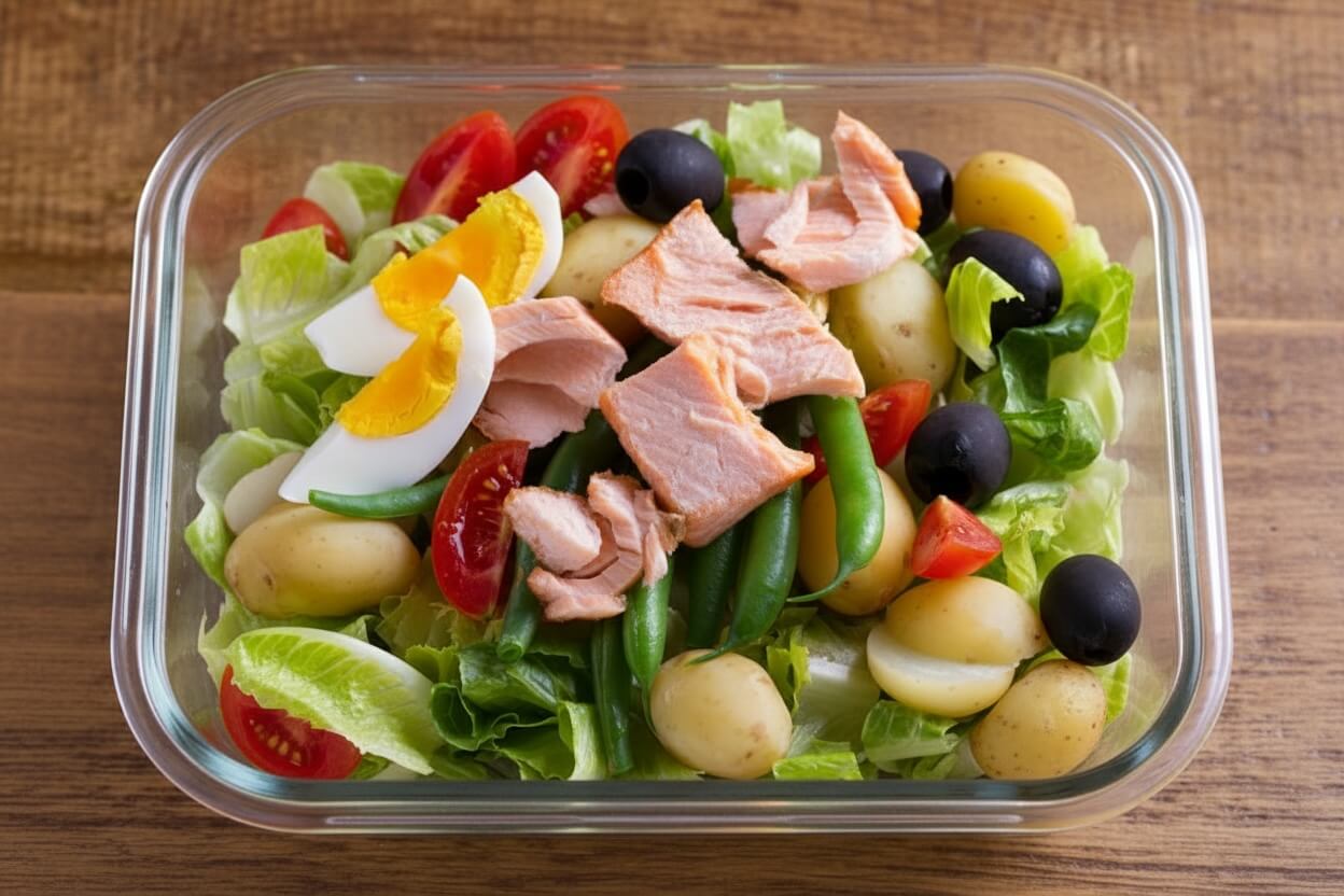 Glass tupperware with Salmon niçoise salad with potatoes, olives, green beans, salmon, tomatoes and boiled egg.