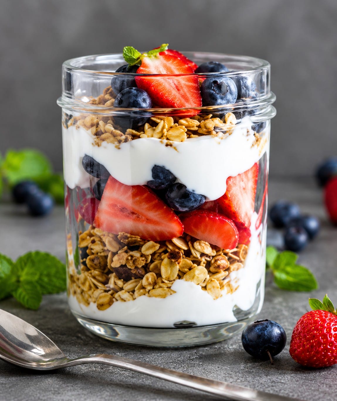 Yogurt parfait in a glass on a counter with a spoon sitting in front and blueberries and strawberries next to it and in the background