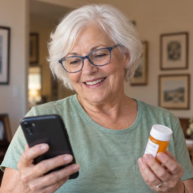 A senior woman holds a bottle of medication while looking at her phone.