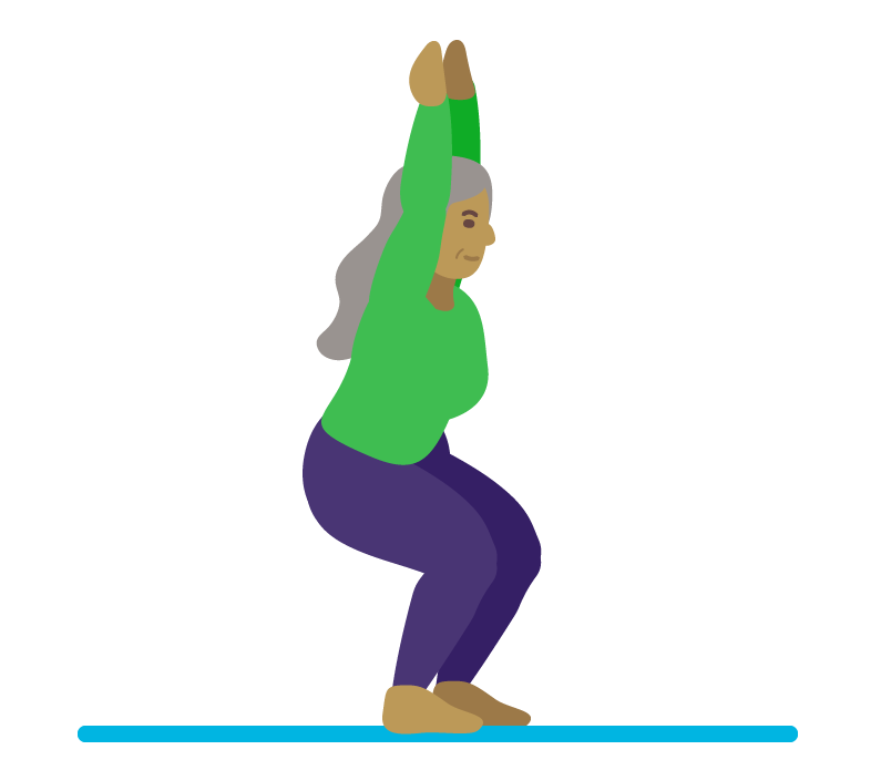  Illustration of a person performing chair pose with feet together, bent at the knee, and arms straight above the head.