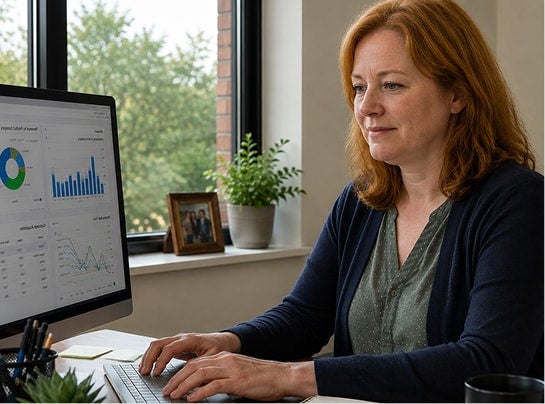 Woman working on her computer in a bright office