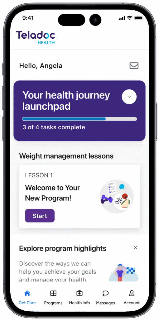 A smartphone displaying a health app interface, showing task progress, weight management lessons, and program highlights.