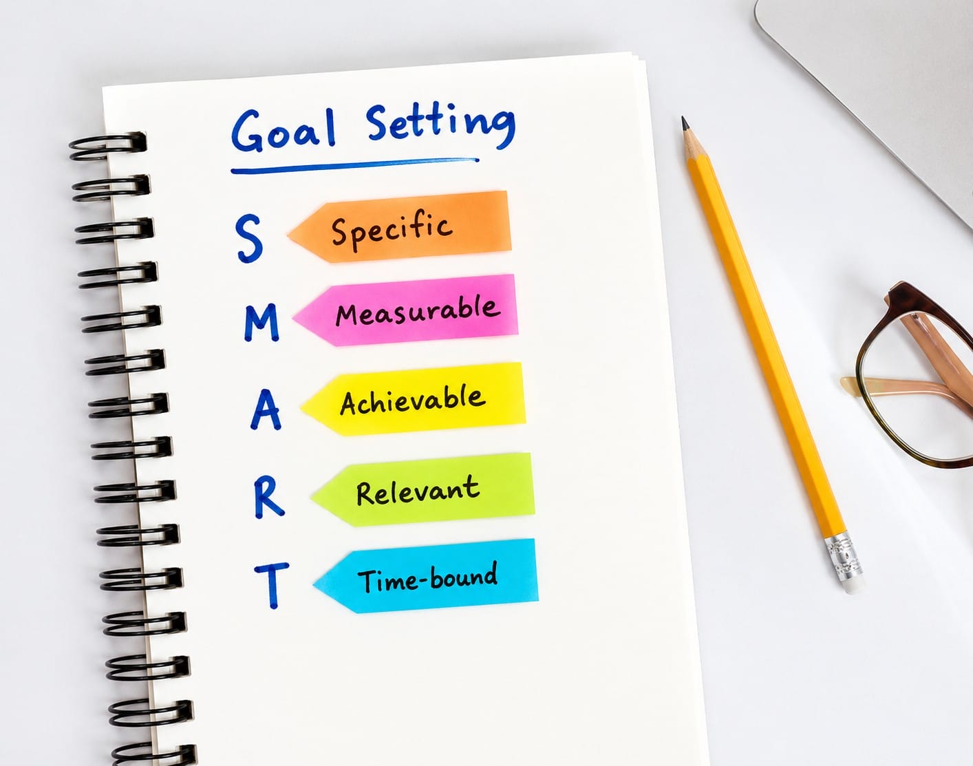 Goal setting with the SMART acronym written out on a notebook with a pencil and glasses sitting next to it