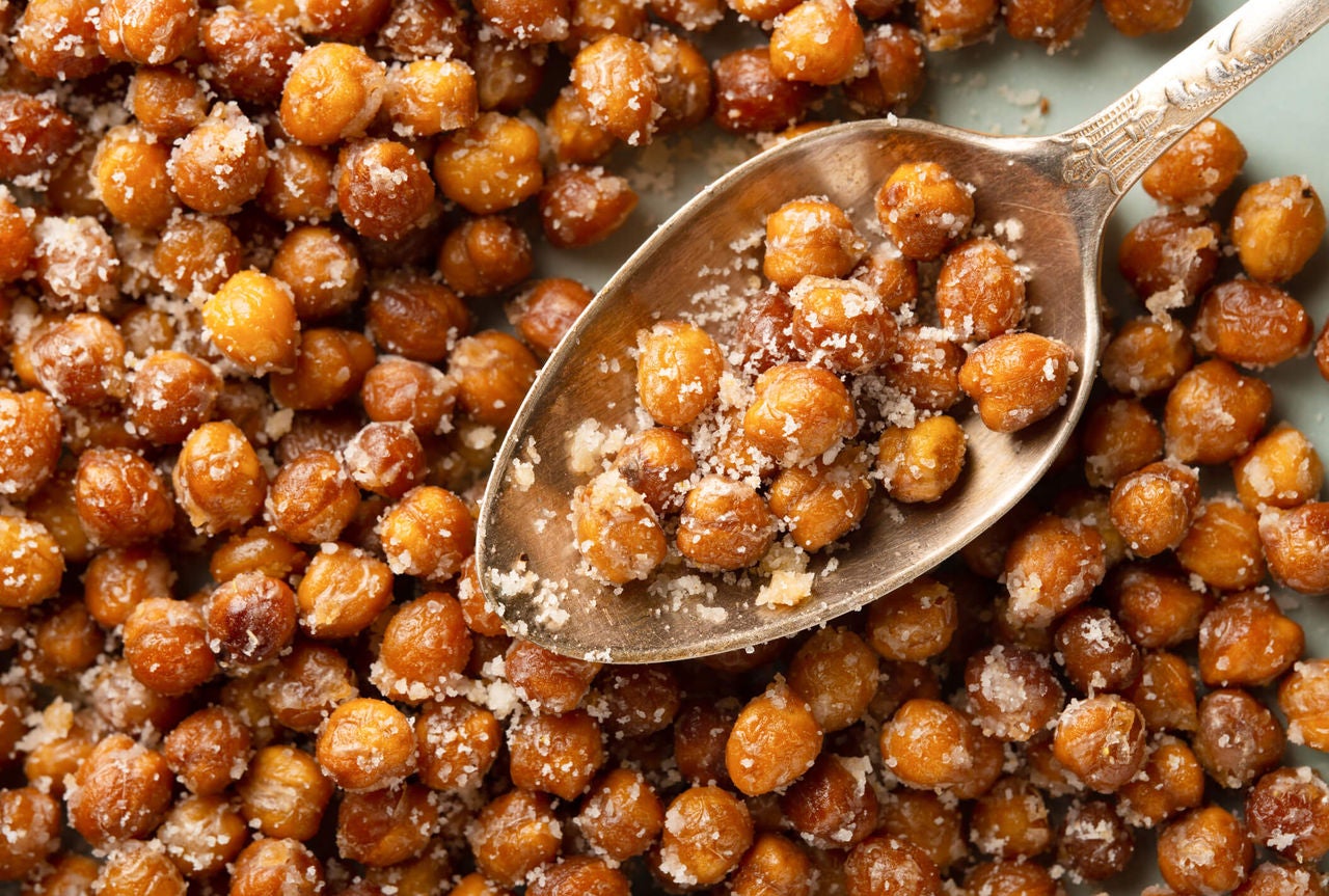 Roasted chickpeas with parmesan and a spoon.