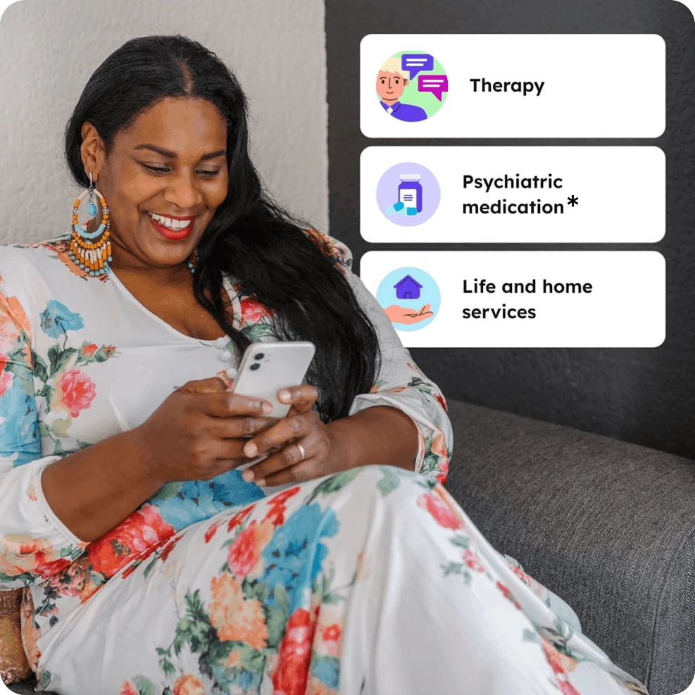 Woman sitting looking at mobile phone with word bubbles on the right saying "Therapy," "Psychiatric medication," and "Life and home services."
