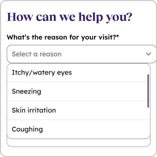 Illustration of symptom selection form for a virtual healthcare visit.