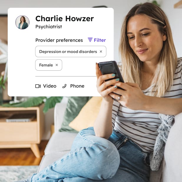 Woman sitting on a couch with a word bubble saying "Charlie Howser Psychiatrist"