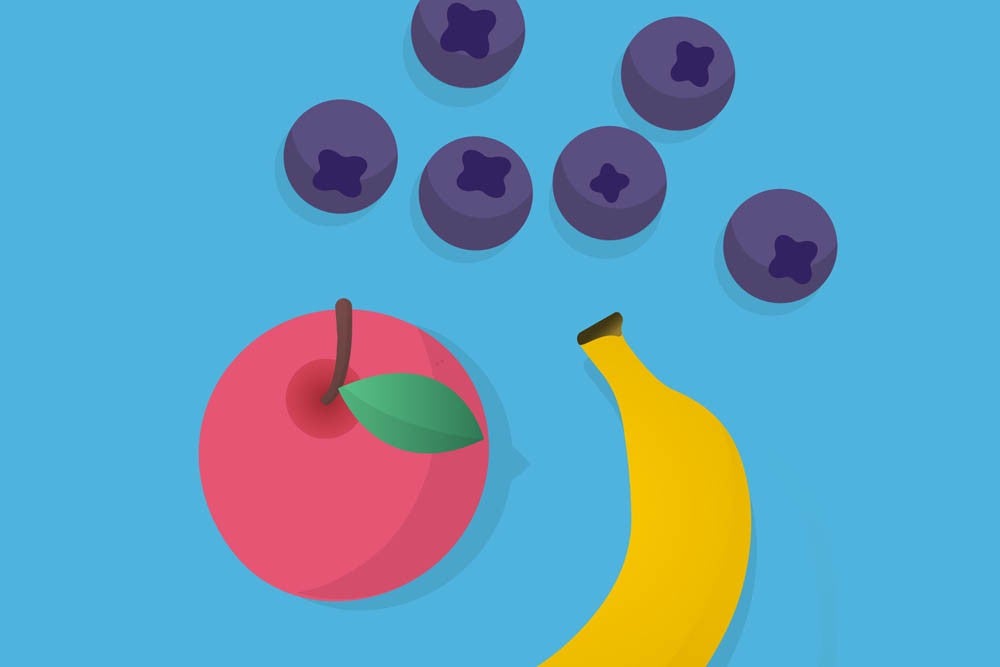 Illustration of a red apple with a leaf, a yellow banana, and six blueberries arranged above on a light blue background.