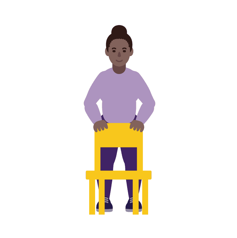 Una ilustración de una mujer de pie detrás de una silla amarilla, sujetándola con ambas manos