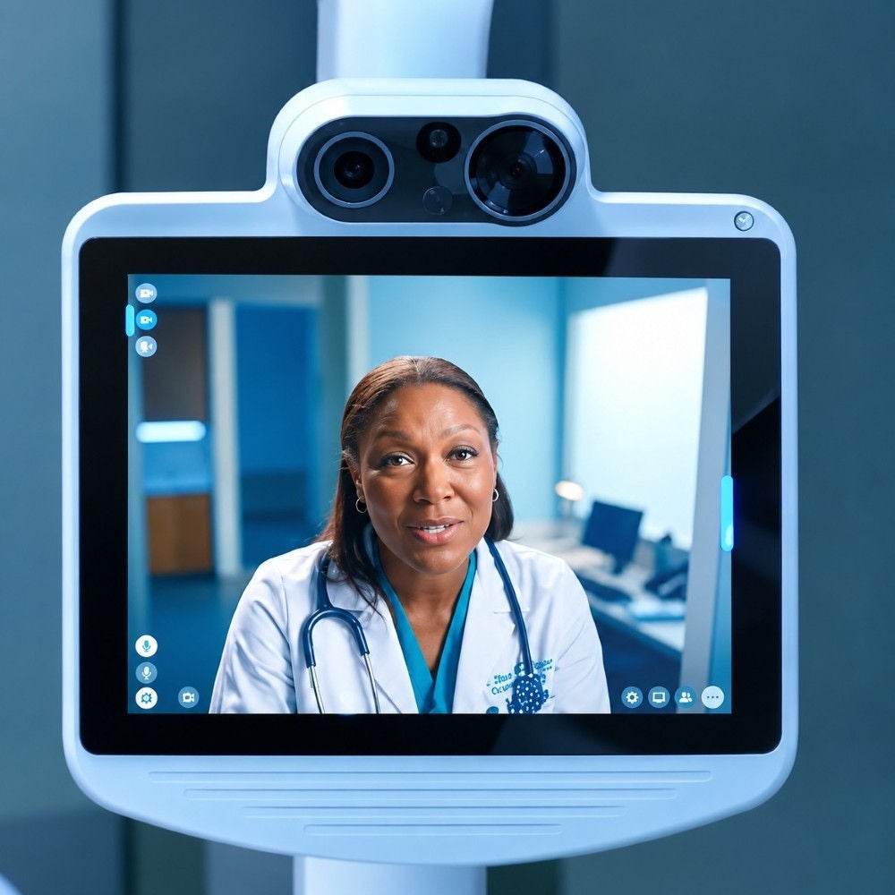 Solo device showing a provider's face on the screen during a consult