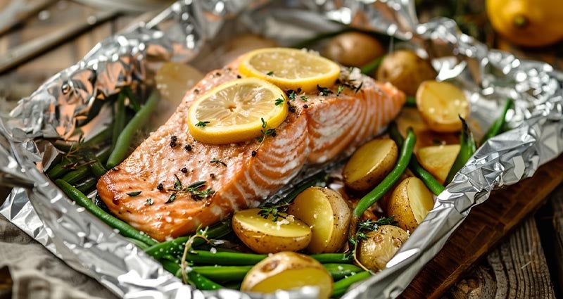 Salmon, potatoes, beans and lemon baked in foil. 