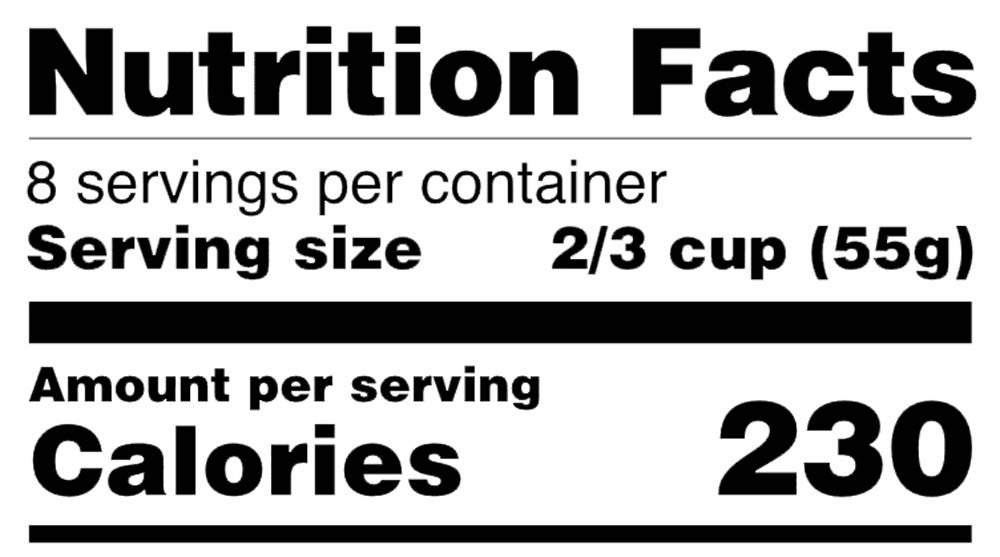 Nutrition facts label showing 8 servings per container, serving size 2/3 cup (55g), and 230 calories per serving.