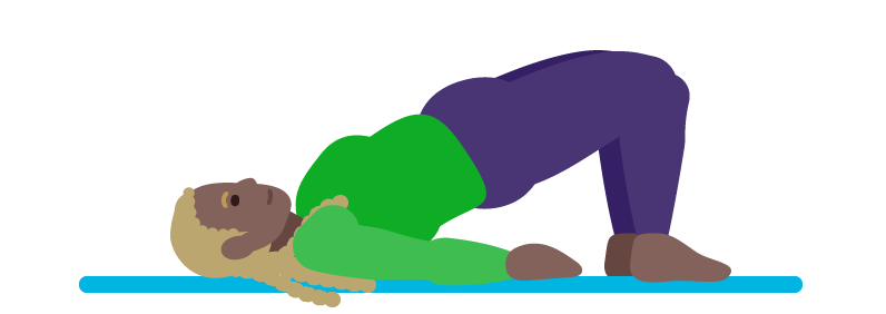  Illustration of a person performing a bridge pose with arms and feet flat on the mat and back lifted.