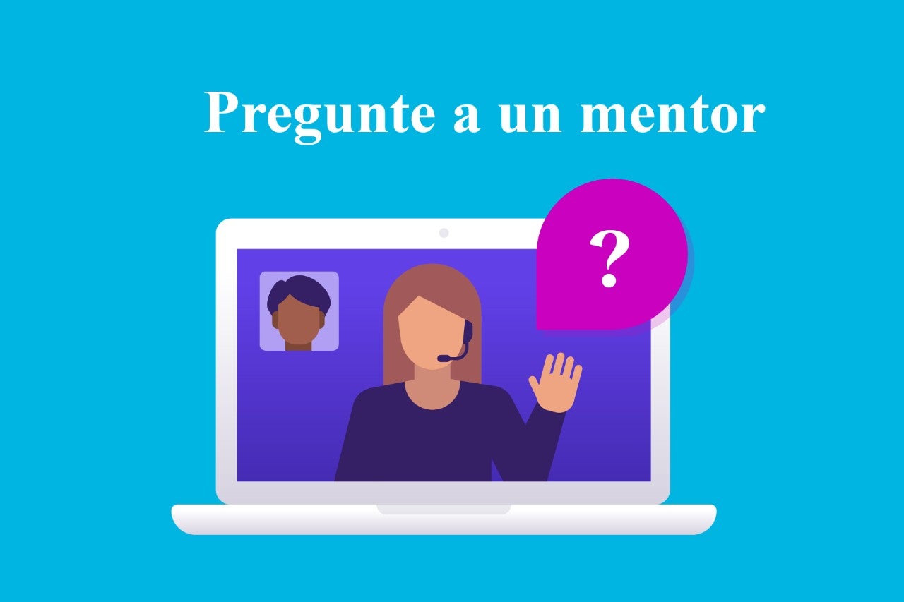 Ilustración de una computadora portátil con un entrenador virtual usando auriculares y un cliente en una videollamada, sobre un fondo azul con el texto “Pregunte a un mentor”.