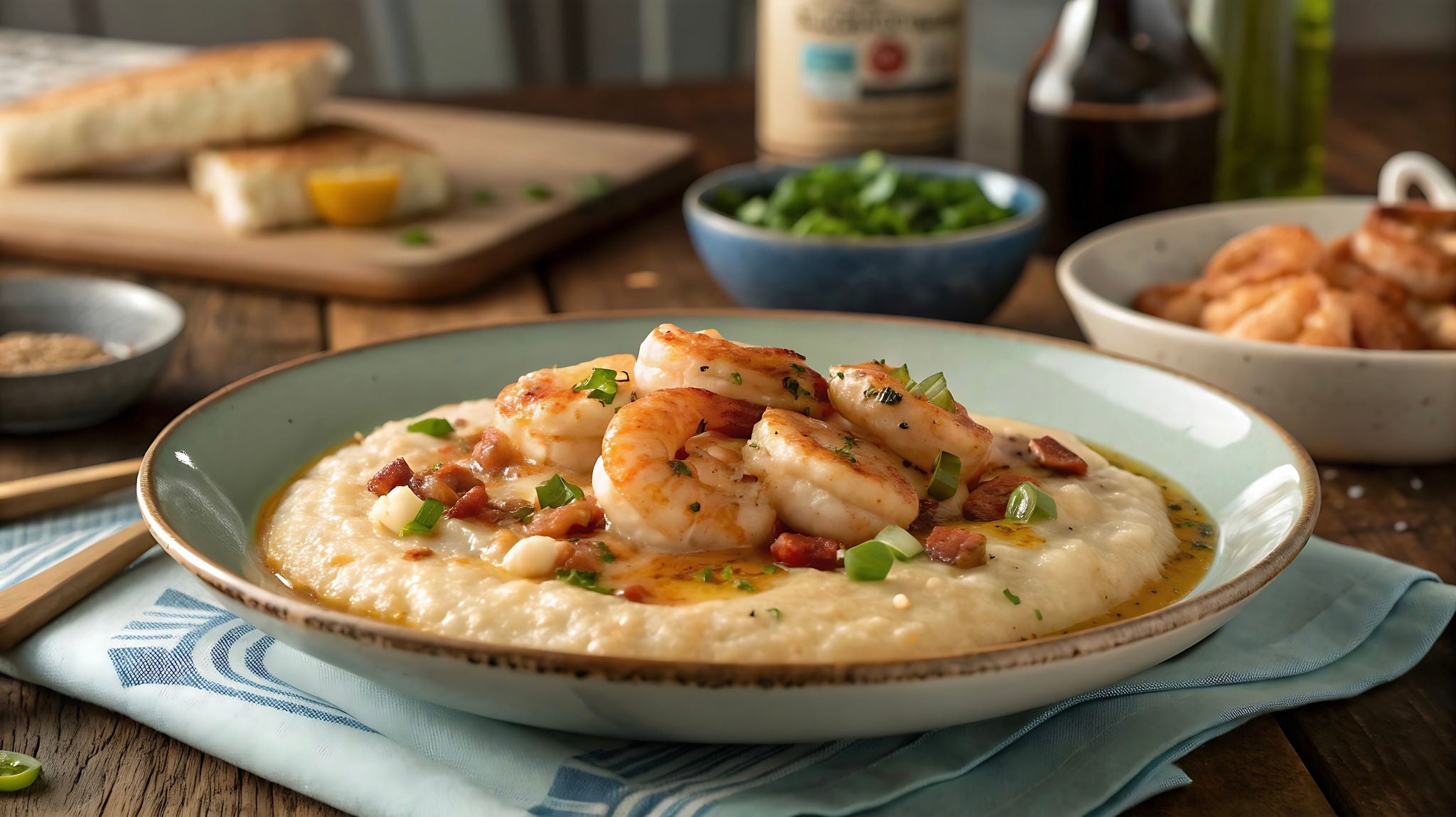 Bowl of shrimp and grits in front of other Southern dishes. 