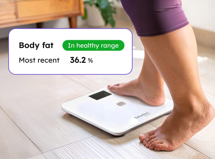 Person stepping on scale with inset saying "Body fat: Health Range. Most recent: 36.2%"