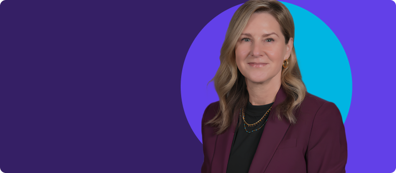 Gabrielle Boisvert with a background of plum, purple and aqua.