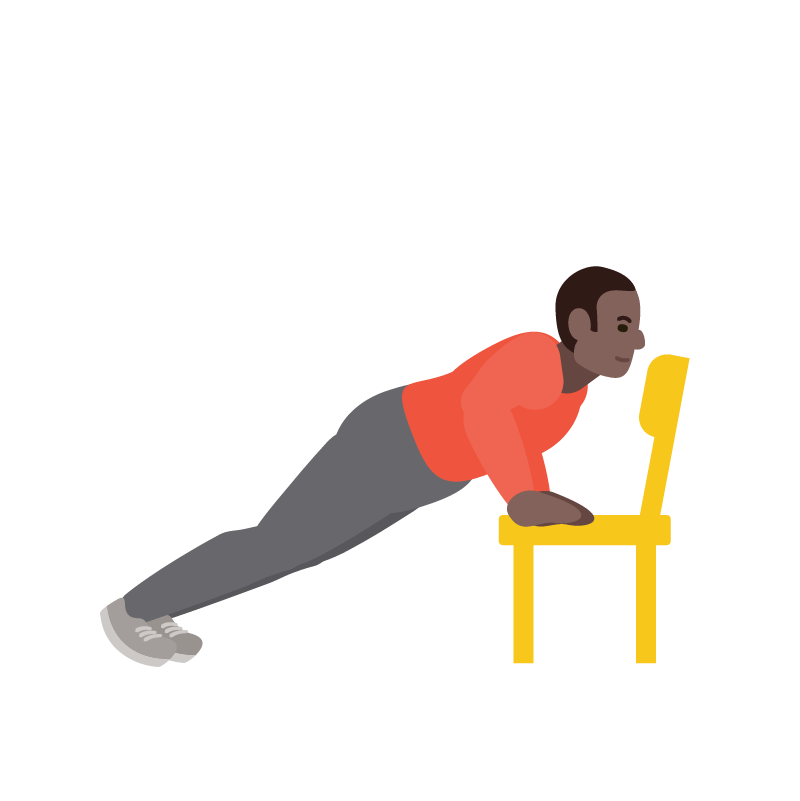 Illustration of a man doing a push up raised on a yellow chair.
