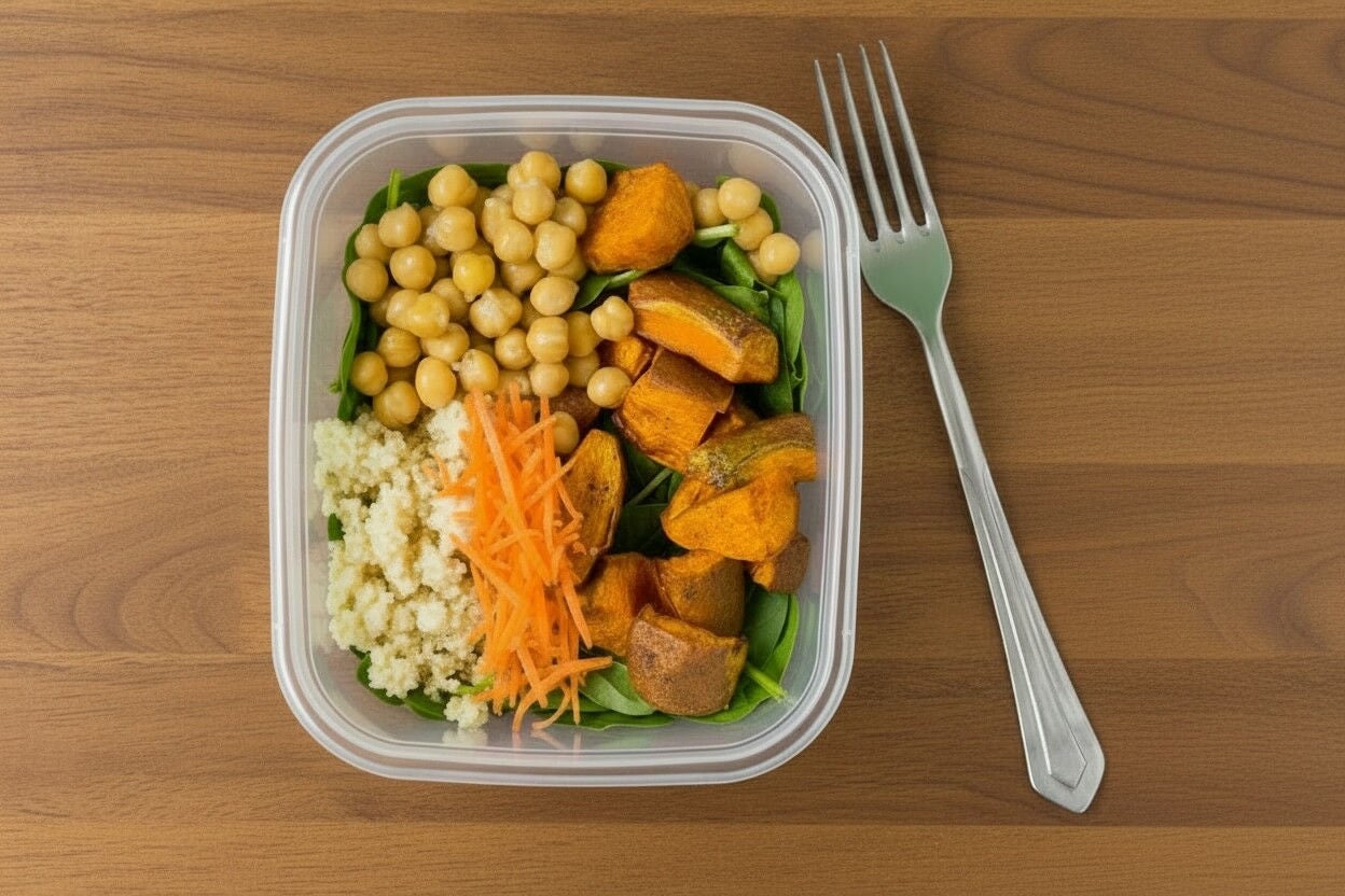 Healthy sweet potato meal prep bowls with quinoa, chickpeas, spinach and lemon-tahini dressing for easy lunches.
