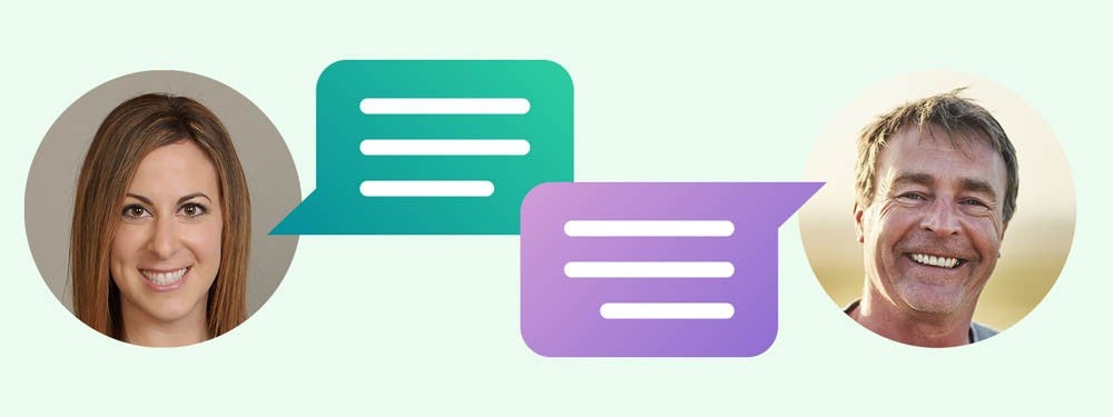 Two profile photos of smiling people with illustrated speech bubbles between them, indicating a conversation.