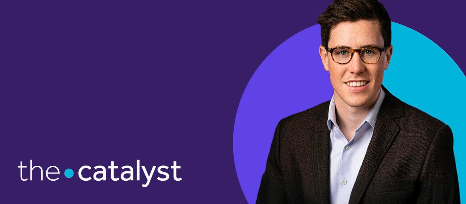 Alex Owens in a dark blazer and light blue shirt against a purple background with the Health Pulse logo.