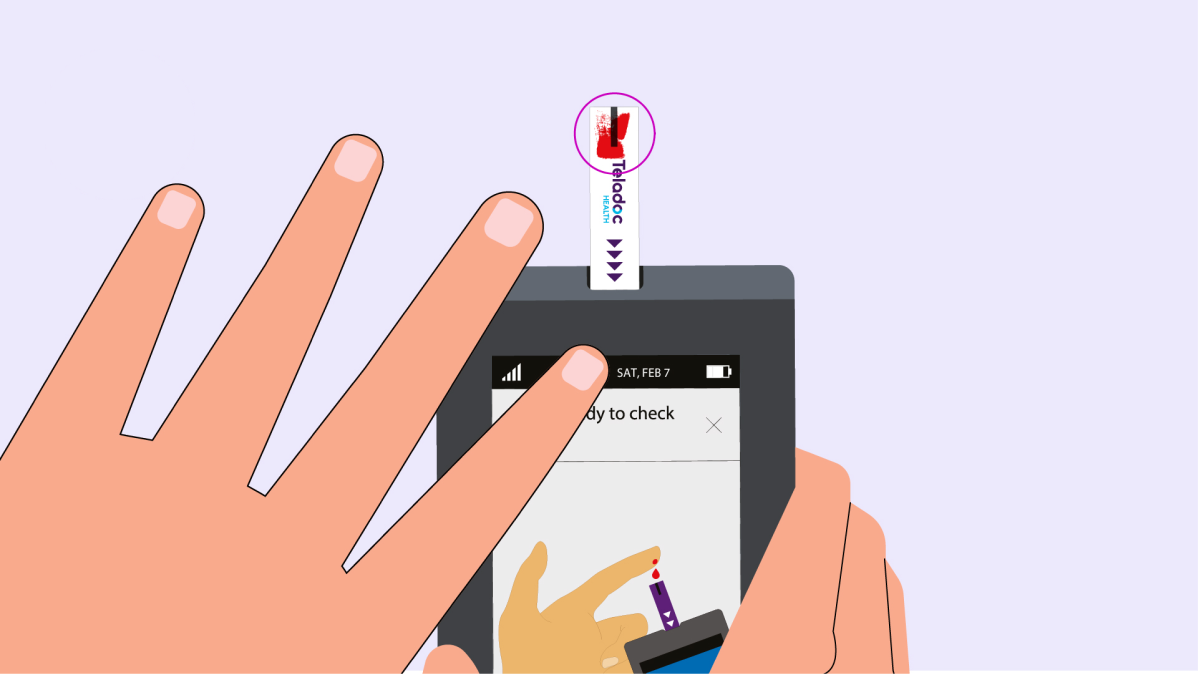 Teladoc Health blood glucose meter with message on the screen reading "It looks like you are running low on strips. Would you like us to send a refill?"
