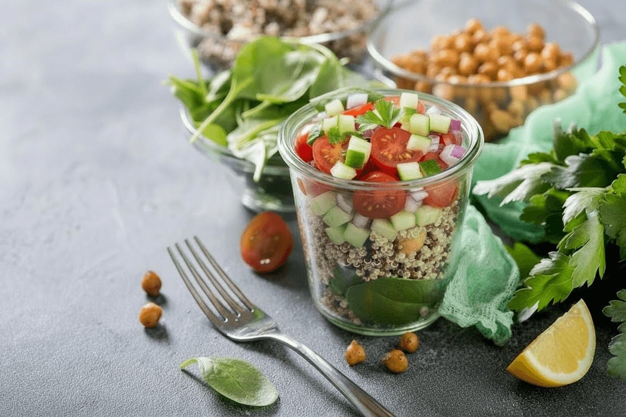 Glass jars with pre-prepared cucumber, tomato, chickpea salads.