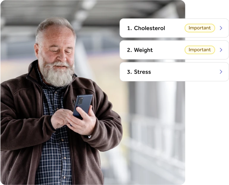 Elderly man smiling and using his phone, with an overlay of app UI showing tiles for Cholesterol, Weight, and Stress.