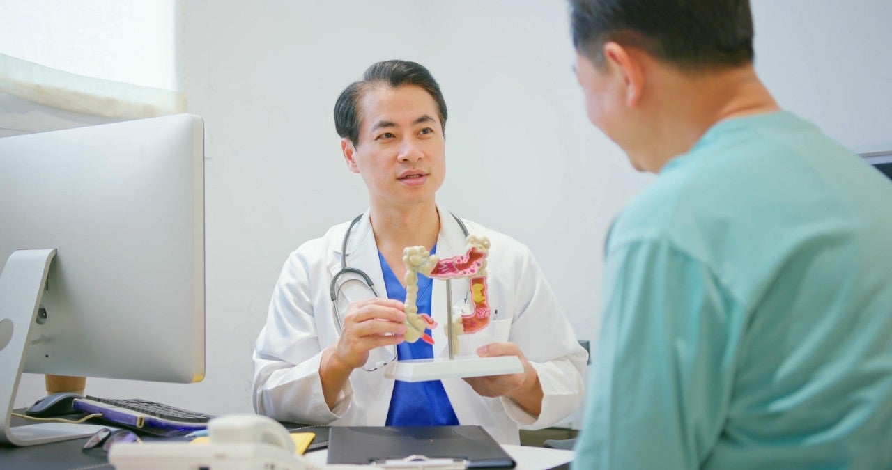 Doctor showing a colon model to a patient during a consultation.