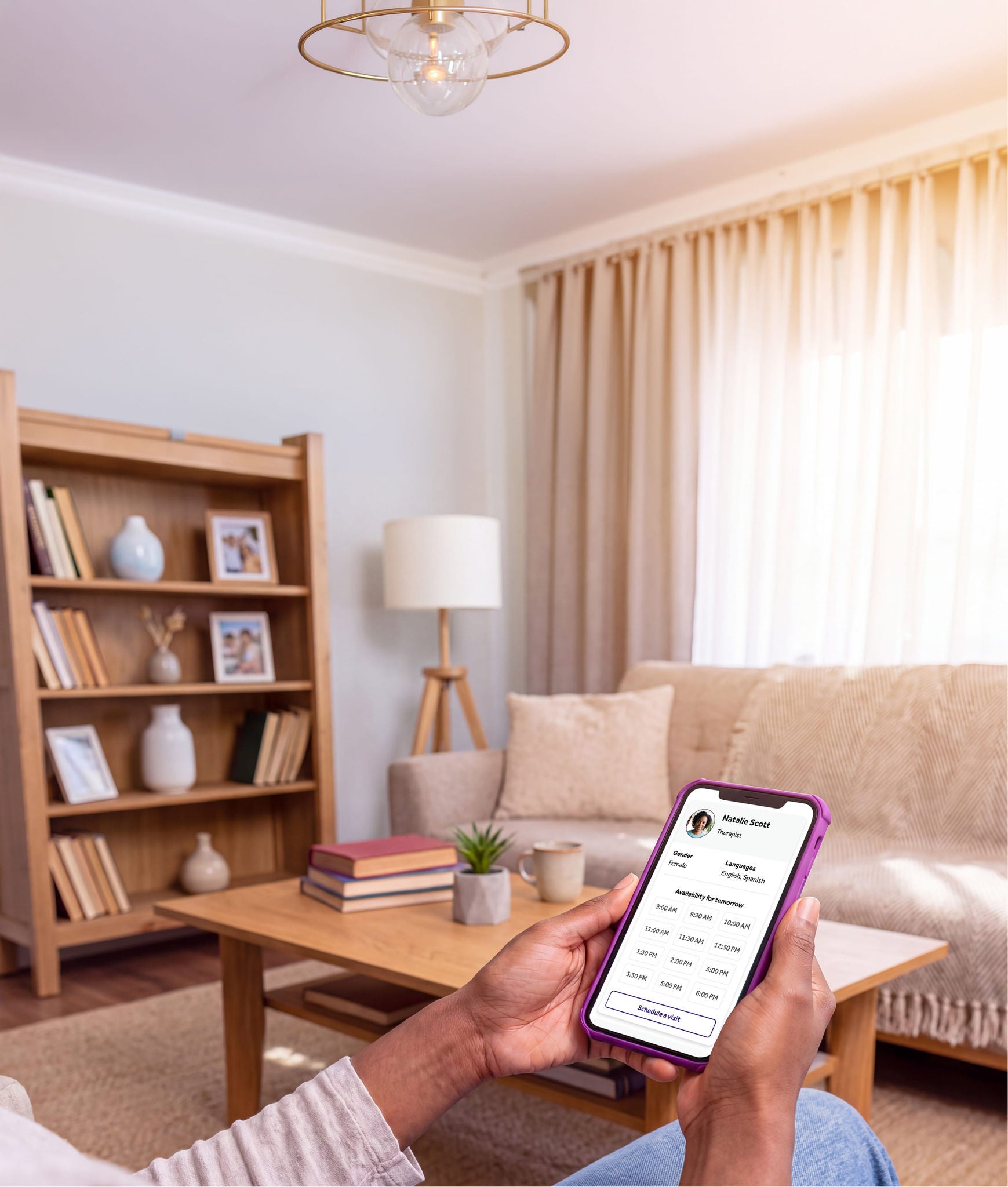Teladoc Health app on a smartphone, showing the mental health scheduling experience.