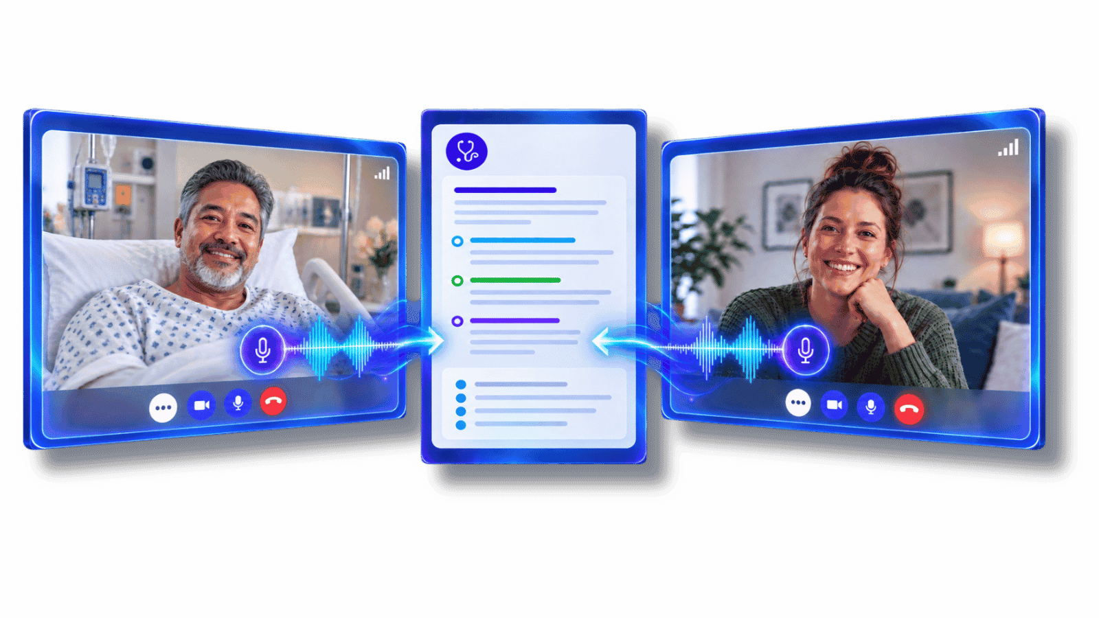 Illustration showing a patient in a hospital bed and another person on a video call, with microphone icons and audio waveforms linking the conversation to a central medical document.