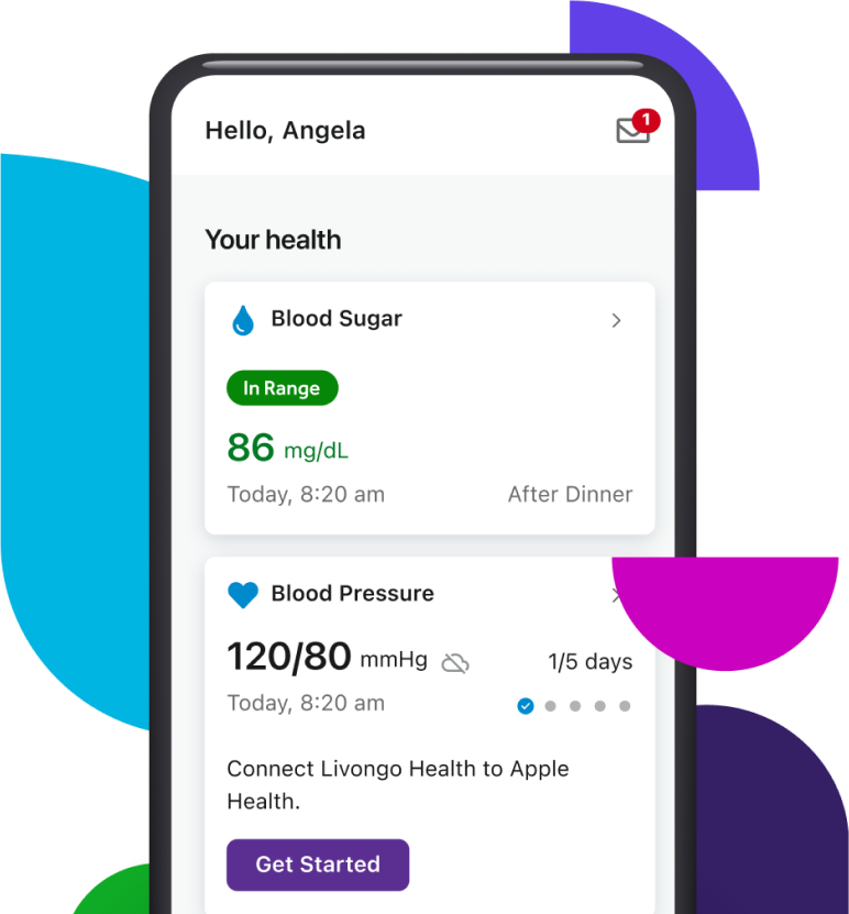 Hello, Angela Your Health: Blood Sugar In Range: 86 mg/dL Today, 8:20 am After Dinner Blood Pressure 120/80 mmHg 1/5 days Today, 8:20 am Connect Livongo Health to Apple Health Button: Get Started